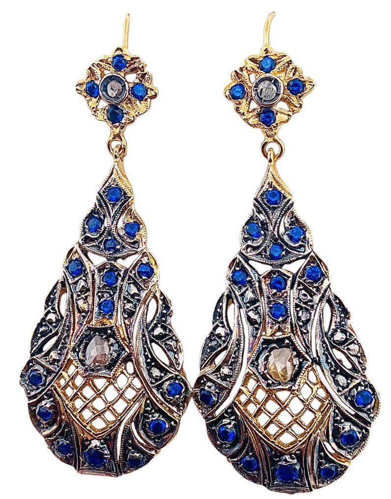 沒有保留價 - 耳環 - 9 節 黃金, 銀 藍寶石 - 鉆石 #2.1