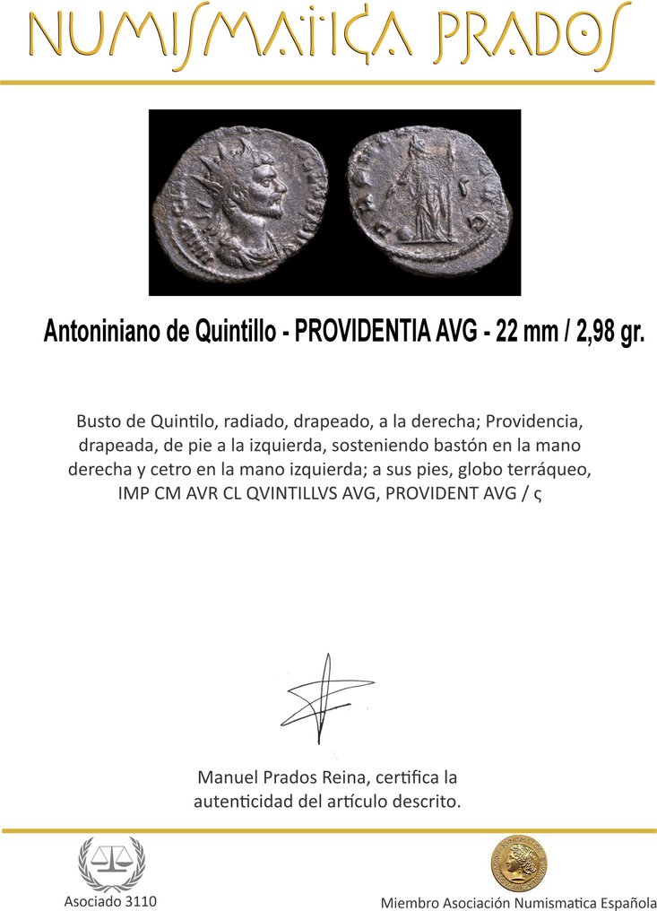 Ρωμαϊκή Αυτοκρατορία. Quintillus (AD 270). Antoninianus PROVIDENTIA AVG (χωρίς τιμή ασφαλείας) #1.0
