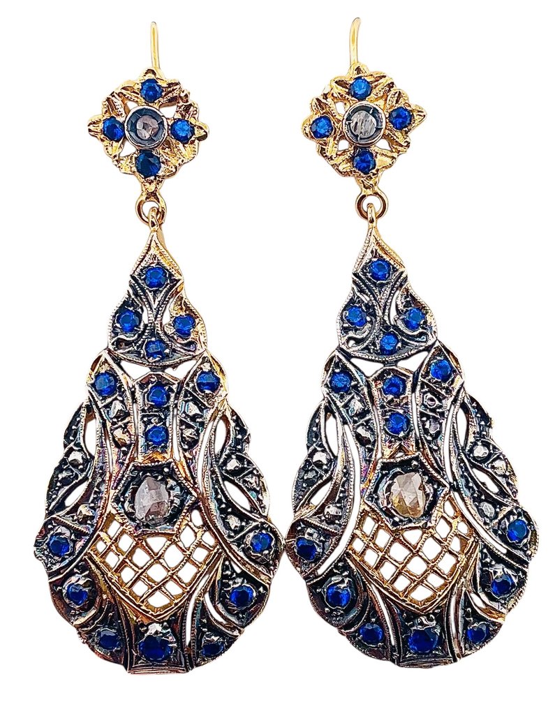 沒有保留價 - 耳環 - 9 節 黃金, 銀 藍寶石 - 鉆石 #3.2