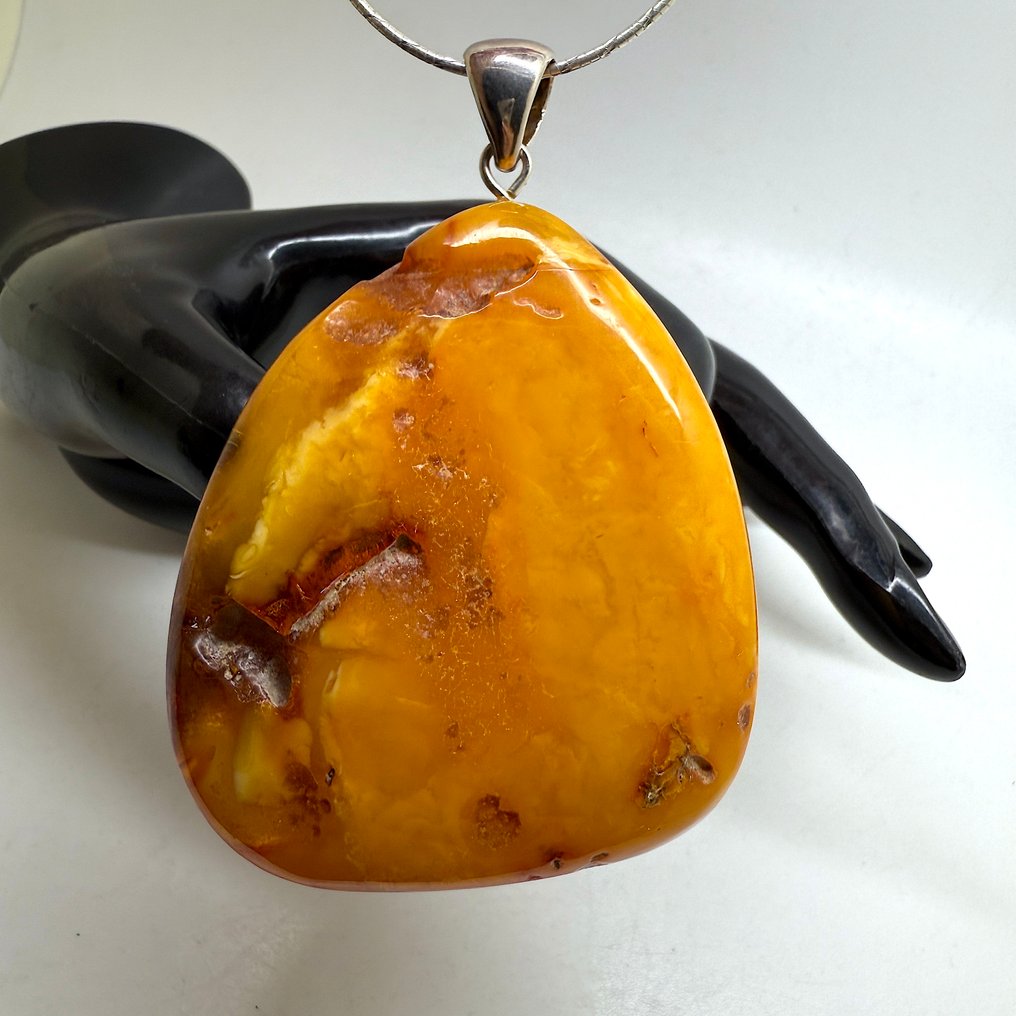 巨大的天然白色图案波罗的海琥珀吊坠，镶嵌于纯银中 - 琥珀 - Succinite #1.0