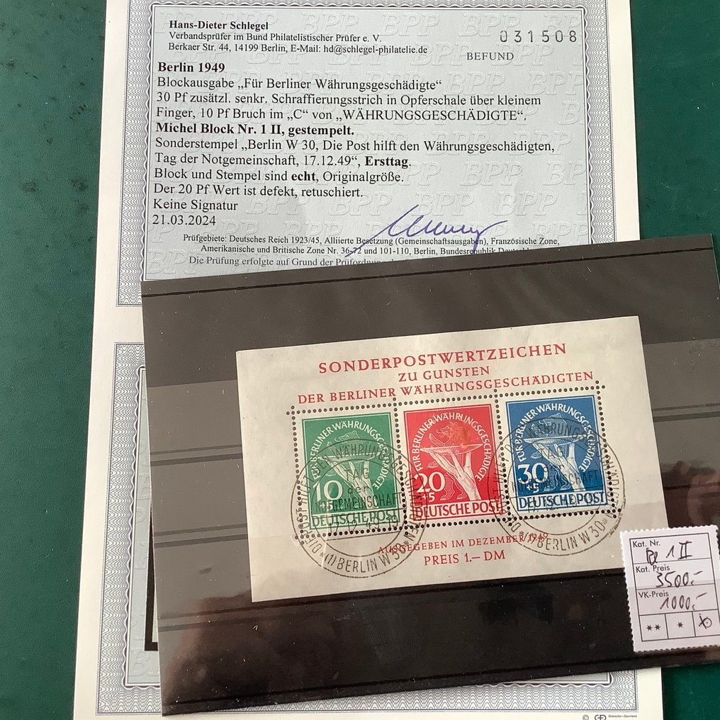 Βερολίνο 1949 - Μπλοκ μεταρρύθμισης χρημάτων με σφραγίδα πρώτης ημέρας και δύο ελαττώματα στην πλάκα με πρόσφατη - Michel blok 1 II #1.0