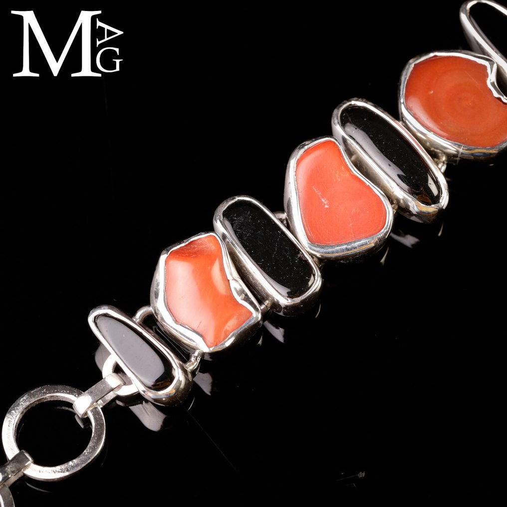 Ασημέντο βραχιόλι με κόκκινο κοράλλι και μαύρο τουρμαλίνη - Μοναδικό - Πιστοποιημένο Ιταλικό - Ύψος: 215 mm - Πλάτος: 20 mm- 51 g #4.3