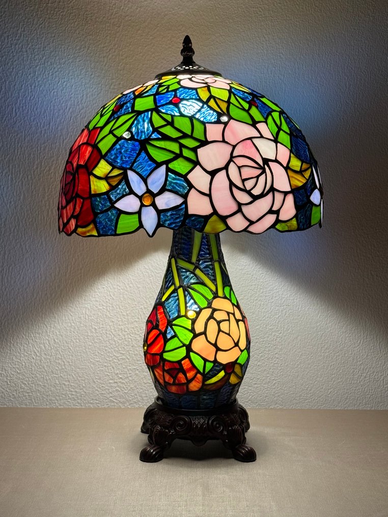 Tiffany tafellamp Studio style "Antique Blossom" met 2 lichtpunten! - Bordlampe - Glass i bly #3.2