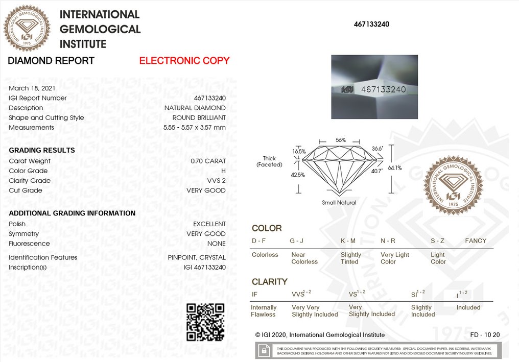 1 pcs 钻石 (天然) - 0.70 ct - 圆形 - H - VVS2 极轻微内含二级 - 国际宝石研究院(IGI) #3.2