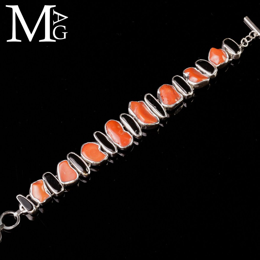 Ασημέντο βραχιόλι με κόκκινο κοράλλι και μαύρο τουρμαλίνη - Μοναδικό - Πιστοποιημένο Ιταλικό - Ύψος: 215 mm - Πλάτος: 20 mm- 51 g #2.1