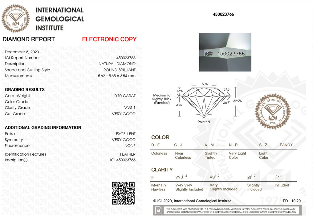 1 pcs 钻石  (天然)  - 0.70 ct - 圆形 - I - VVS1 极轻微内含一级 - 国际宝石研究院（IGI） #1.0