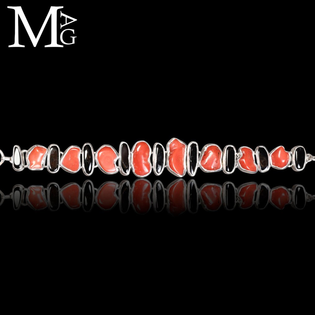 Ασημέντο βραχιόλι με κόκκινο κοράλλι και μαύρο τουρμαλίνη - Μοναδικό - Πιστοποιημένο Ιταλικό - Ύψος: 215 mm - Πλάτος: 20 mm- 51 g #1.0