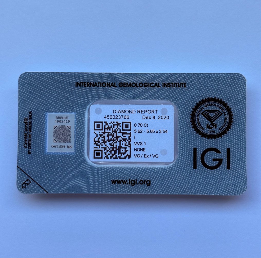 1 pcs 钻石  (天然)  - 0.70 ct - 圆形 - I - VVS1 极轻微内含一级 - 国际宝石研究院（IGI） #3.2