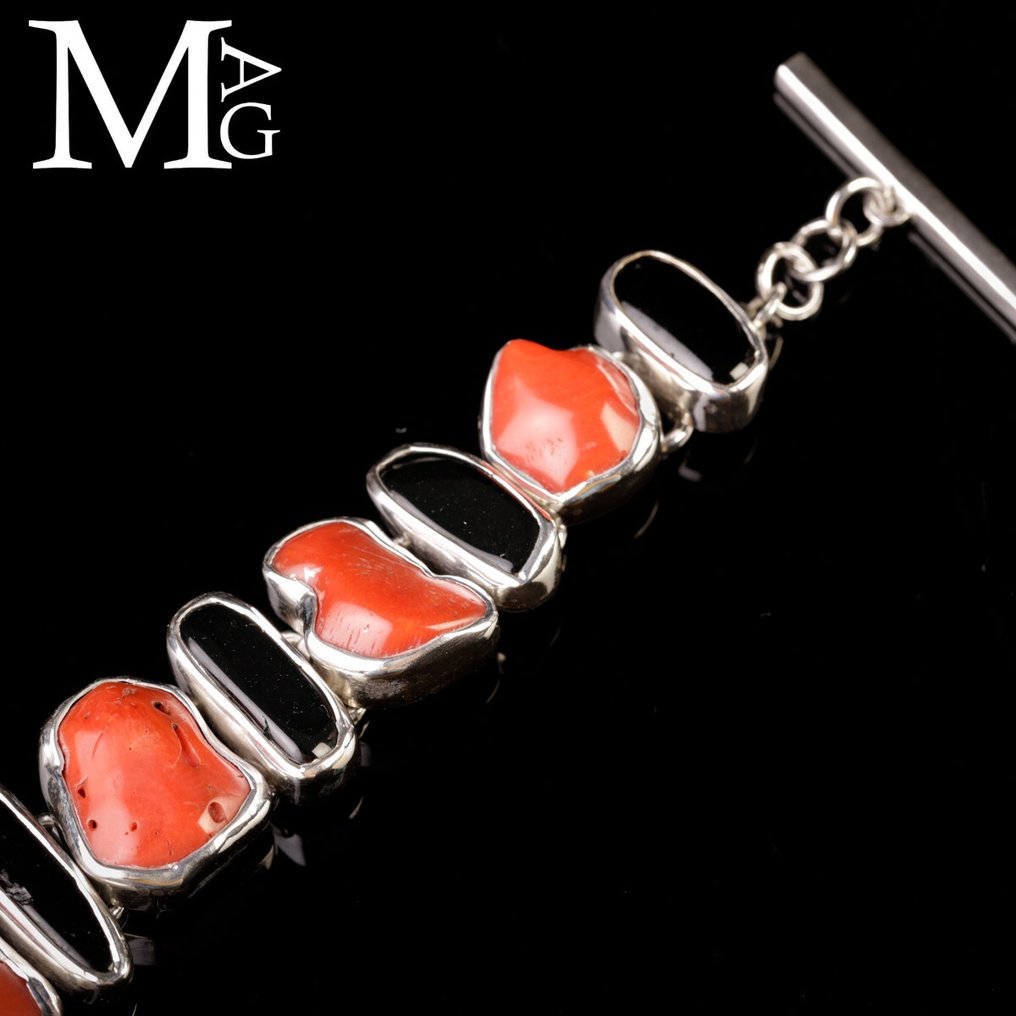 Ασημέντο βραχιόλι με κόκκινο κοράλλι και μαύρο τουρμαλίνη - Μοναδικό - Πιστοποιημένο Ιταλικό - Ύψος: 215 mm - Πλάτος: 20 mm- 51 g #3.2