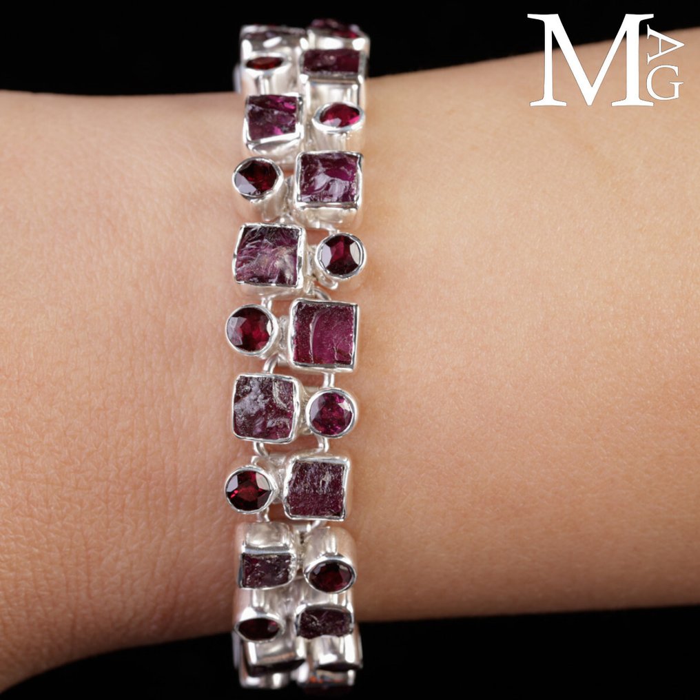 Extraordinary Silver Bracelet - Square Rough Rubies and Faceted Cut Rubies Gems - Certified Italian - Height: 200 mm - Width: 18 mm- 40 g #1.0