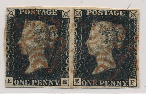 Großbritannien 1840 - 1 Penny black, Doppelstück von Platte 8, lettered EE/EF in feinster Erhaltung, allseits vollrandig - mit rotem Malteserkreuz Stempel, SG Spec. AS49 echt & einwandfrei #1.0