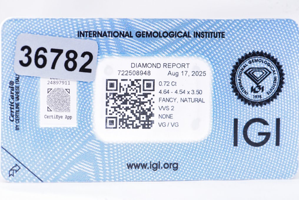 Sem preço de reserva - 1 pcs Diamante (Colorido natural) - 0.72 ct - Almofada - Fancy Amarelo - VVS2 - International Gemological Institute (IGI) - VG VG #4.3