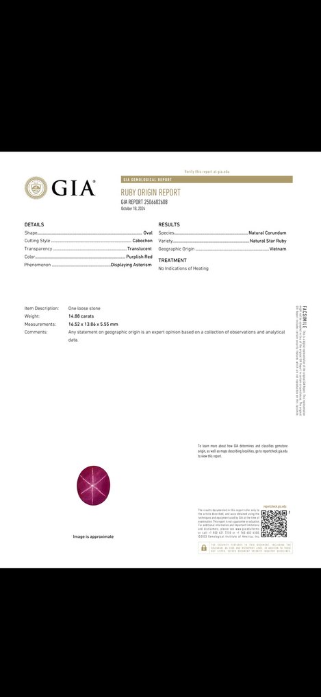 红色 星彩蓝宝石  - 14.88 ct - 美国宝石研究院（GIA） - 自然无热 #1.0