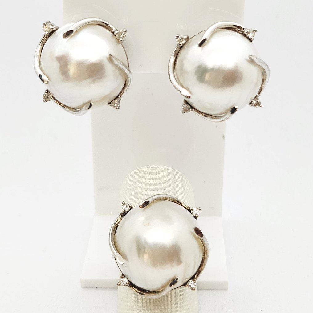 兩件珠寶套裝 - 18 克拉 白金 - 37.50ct. tw. 珍珠 - 鉆石 - Mabe #1.0