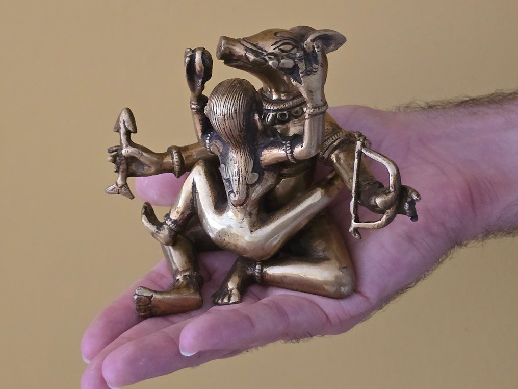 Statue, Happy Mandkesvara, Erotisch sculptuur - 8 cm - Copper #1.0