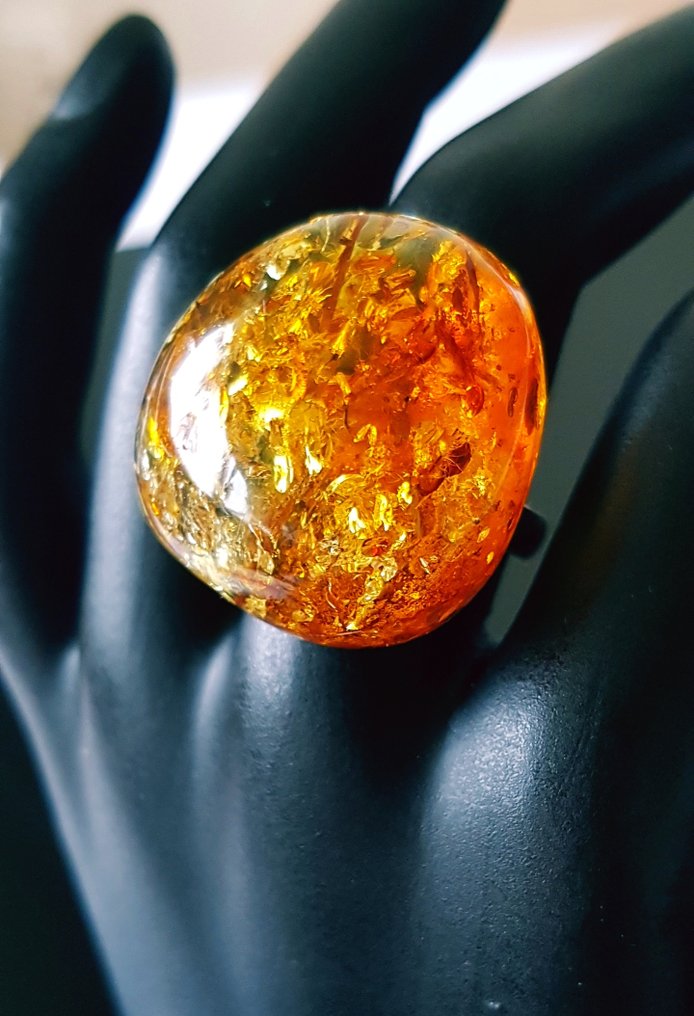 银, 天然波罗的海琥珀戒指 - 银色 - 琥珀 - 戒指 #1.0