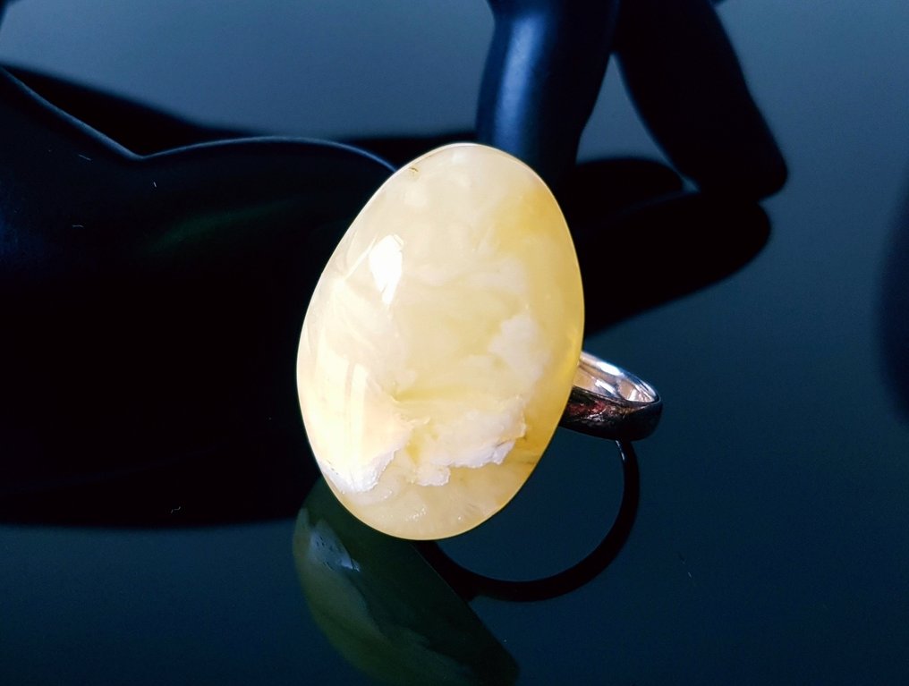 复古黄油糖天然波罗的海琥珀戒指 - 银 - 琥珀 #2.1