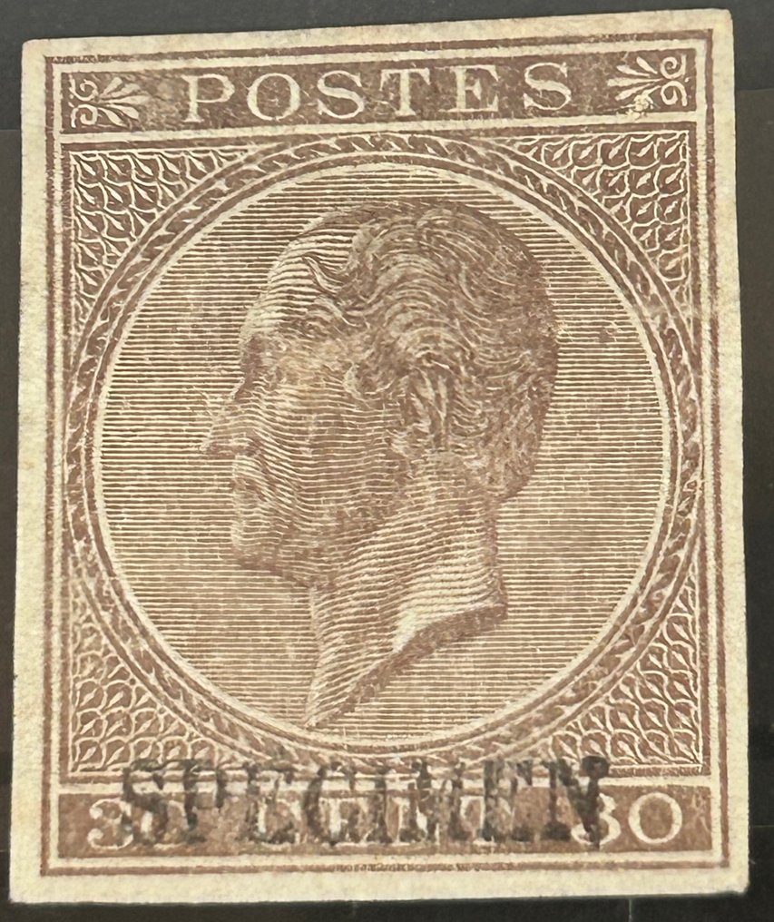 Βέλγιο 1865 - Leopold I στο προφίλ συνδέσμων: 30c καφέ, χωρίς δαντέλα, με εκτύπωση 'SPECIMEN'. - OBP/COB 19 ND + SPECIMEN #1.0