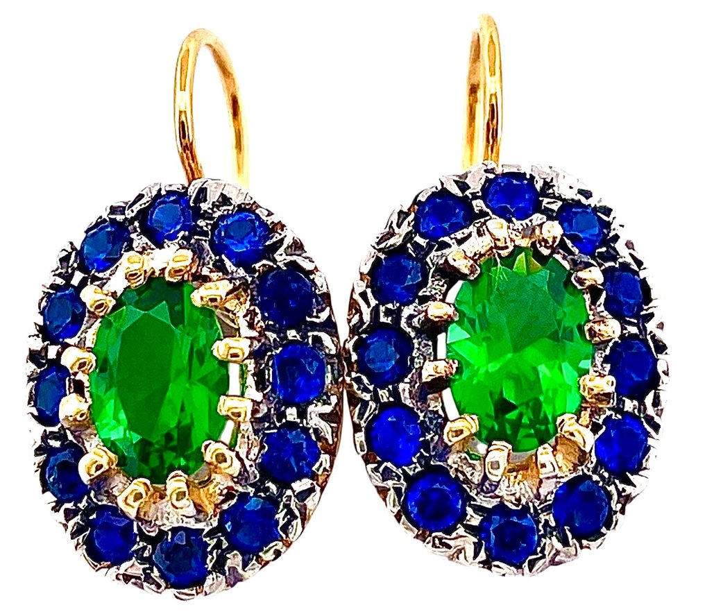 Ingen mindstepris - Øreringe - 9 kt. Gulguld, Sølv Smaragd - Safir #1.0