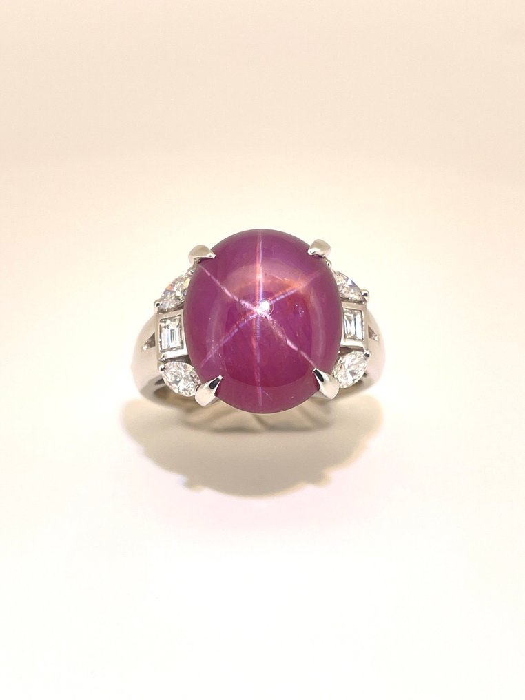 戒指 白金 - 11.40ct. tw. 星彩红宝石 - 钻石 - Clear Star Sharp 6 Ray #1.0