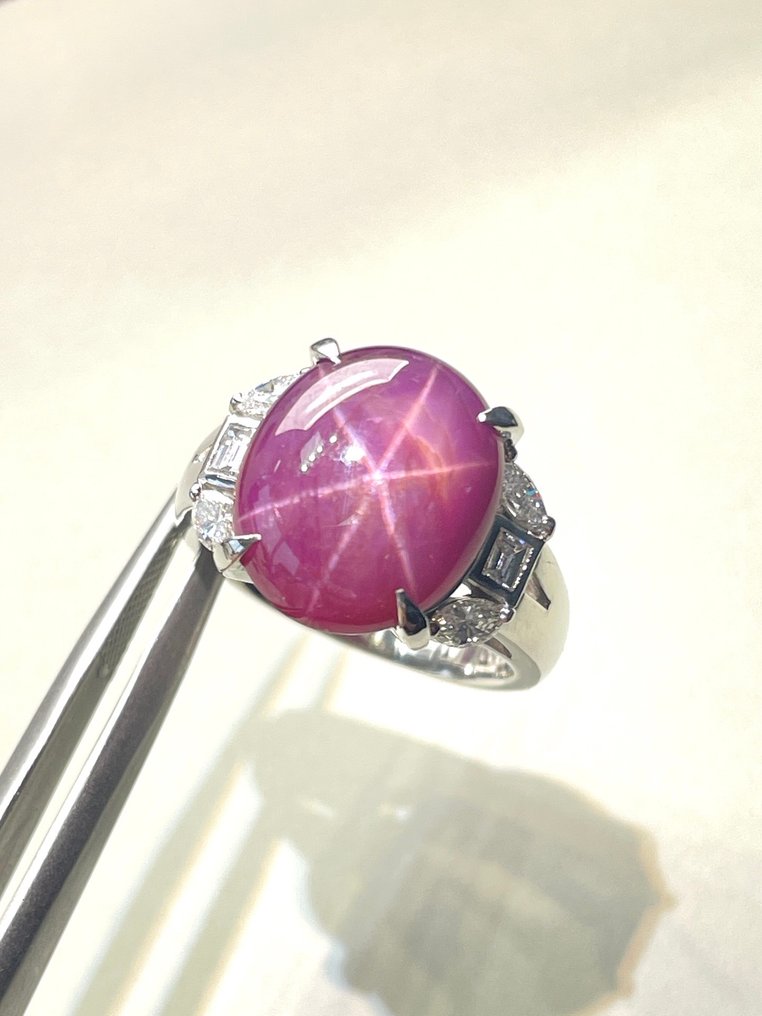 戒指 白金 - 11.40ct. tw. 星彩红宝石 - 钻石 - Clear Star Sharp 6 Ray #4.3
