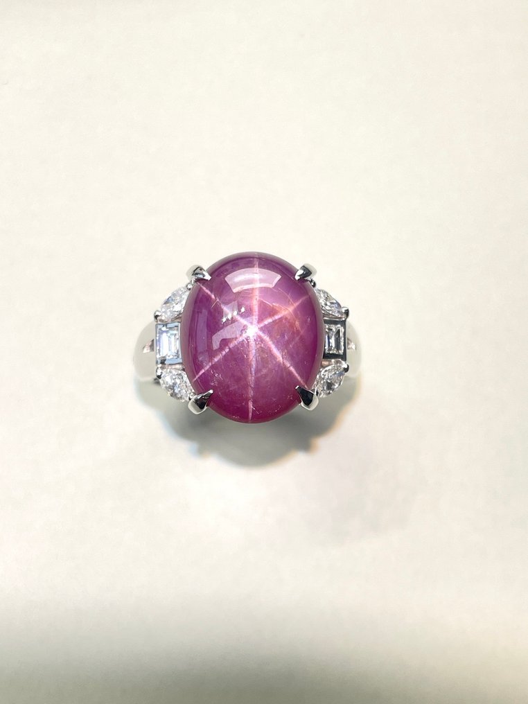 戒指 白金 - 11.40ct. tw. 星彩红宝石 - 钻石 - Clear Star Sharp 6 Ray #3.2