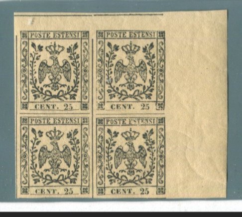 Αρχαία ιταλικά κράτη - Μόντενα 1852 - Σπάνιο μπλοκ τεσσάρων ενιαίων ελαστικών των 25 λεπτών. - Sassone 4a. #1.0