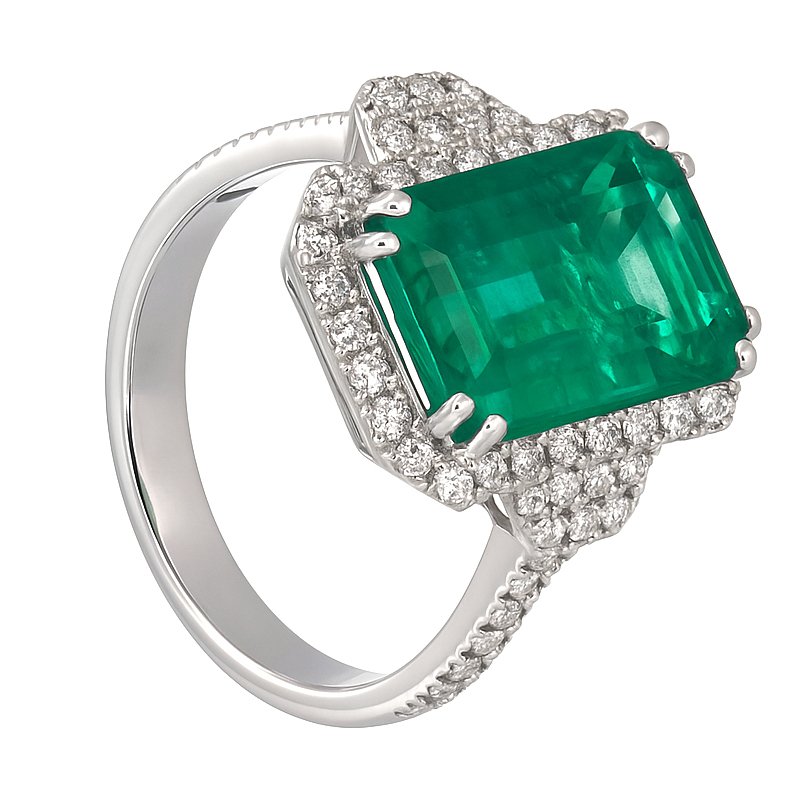 戒指 - 18K包金 白金 -  7.16ct. tw. 祖母绿 - 钻石 #1.0