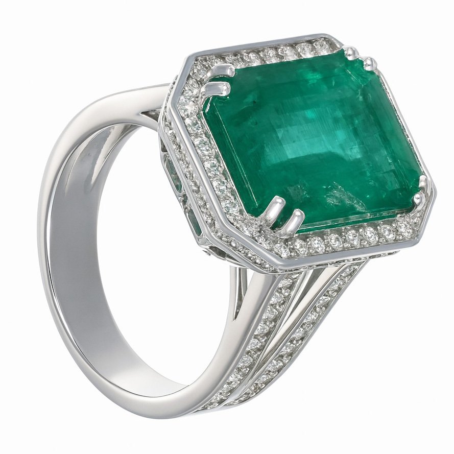 Ring - 18 kt Weißgold -  10.20ct. tw. Smaragd - Diamant #1.0