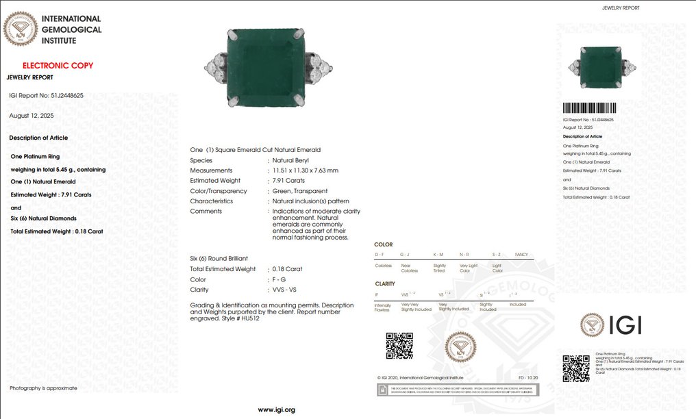 Sormus Platina - 8.09ct. tw. Smaragdi - Timantti - Vihreä, Läpinäkyvä #4.3