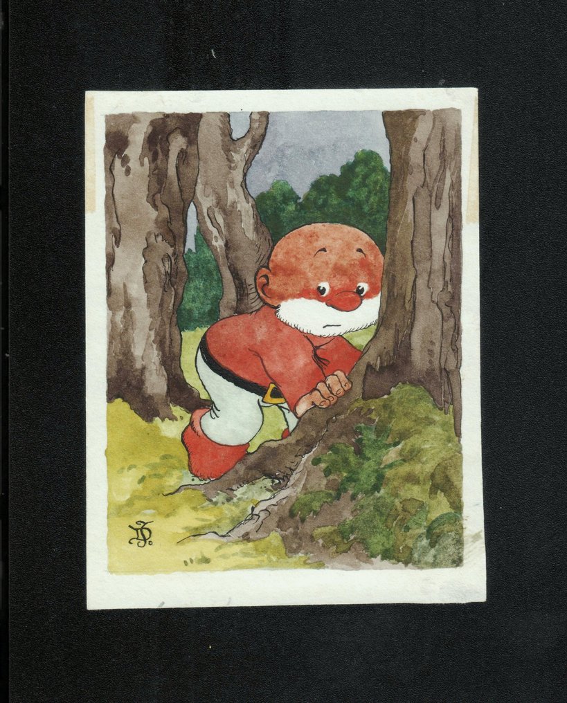 Jean Dulieu (Jan van Oort) - 1 Original colour drawing - Paulus de Boskabouter - Paulus verstopt zich achter een boom. - 1962 #3.2