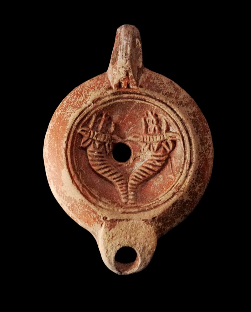 Romersk antikk - Oljelampe - Overflødshorn - merke av pottemaker MNOVIVST - 2. år e.Kr. #1.0