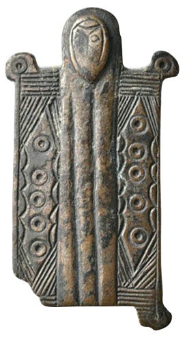 Βυζαντινή -χάλκινη πλάκα με ανθρώπινο σχήμα διακοσμημένη με την εικόνα ενός ιερέα και ηλιακά σύμβολα. αιώνες Πλάκα - 50 mm (χωρίς τιμή ασφαλείας) #1.0