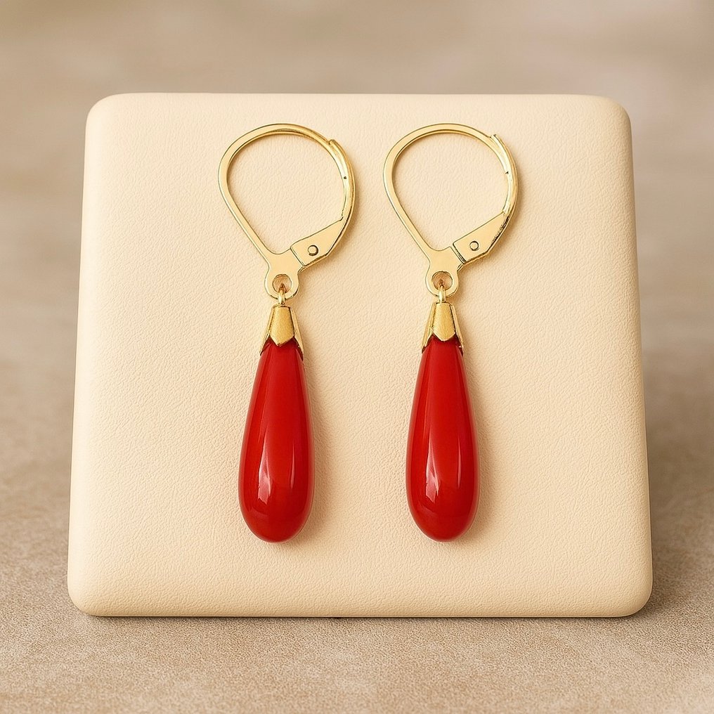 耳環 - 18 克拉 黃金 珊瑚 - 珊瑚 #4.3