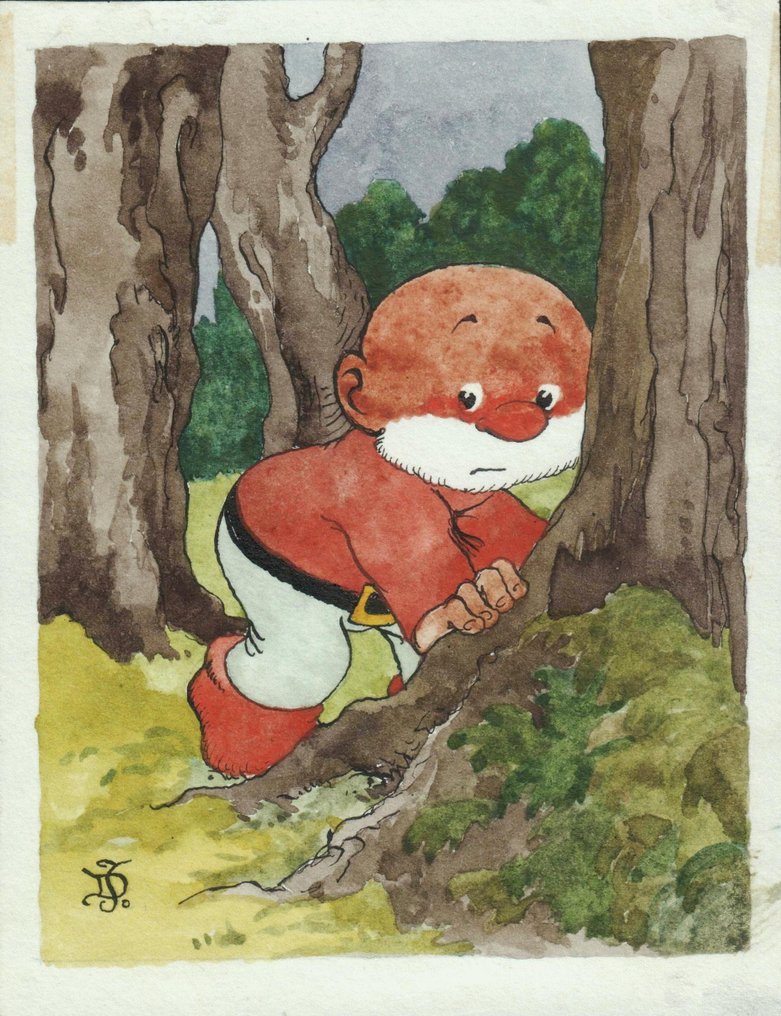 Jean Dulieu (Jan van Oort) - 1 Original colour drawing - Paulus de Boskabouter - Paulus verstopt zich achter een boom. - 1962 #1.0