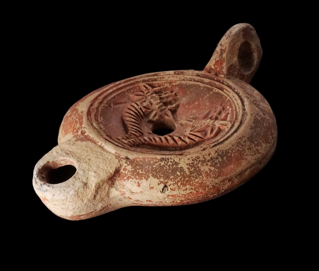 Romersk antikk - Oljelampe - Overflødshorn - merke av pottemaker MNOVIVST - 2. år e.Kr. #3.2