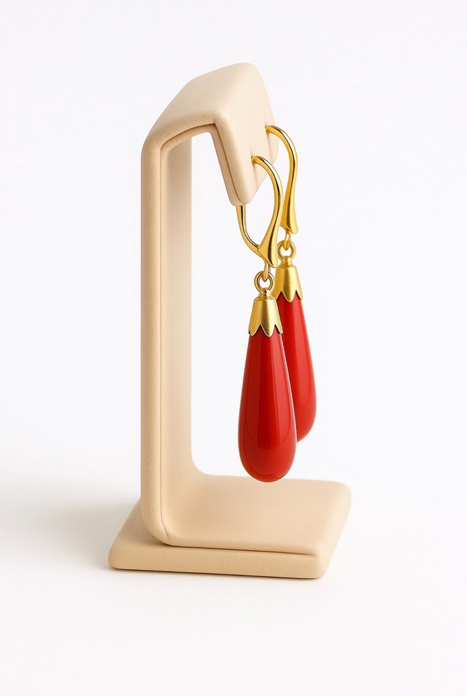 耳環 - 18 克拉 黃金 珊瑚 - 珊瑚 #1.0