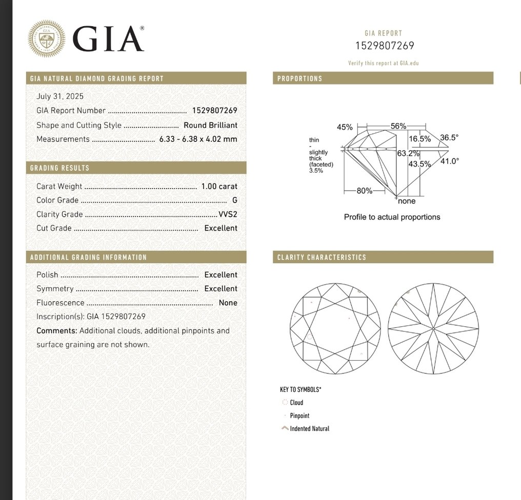 1 pcs Diamond  (Natural)  - 1.00 ct - Round - G - VVS2 - Gemological Institute of America (GIA) #4.3