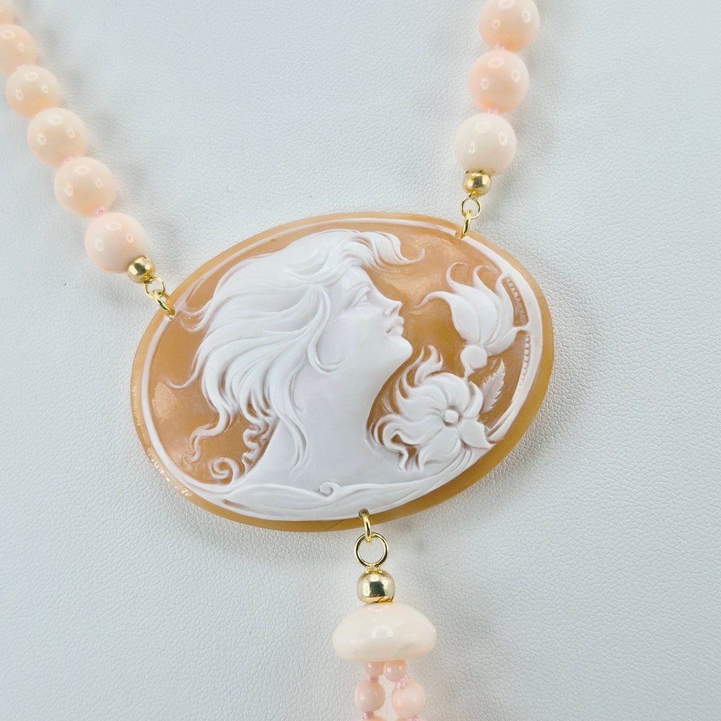 Corallo - Argento, Placcato oro - Collana - CORALLO ROSA E CAMMEO #1.0