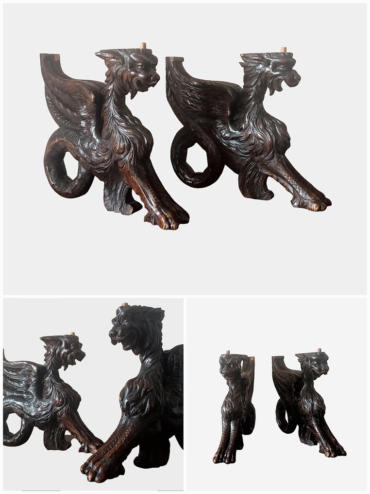 雕刻, "Draghi" - XIX sec - 38 cm - 木 #1.0