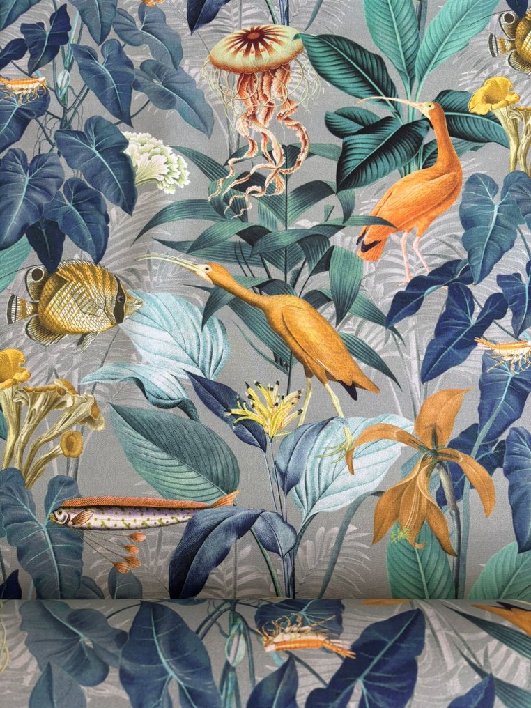 Εξωστρεφές φανταστικό οικοσύστημα σε μπλε τροπικό, 100% οργανικό βαμβάκι, OEKO TEX STANDARD, - Ύφασμα ταπετσαρίας - 350 cm - 280 cm #1.0