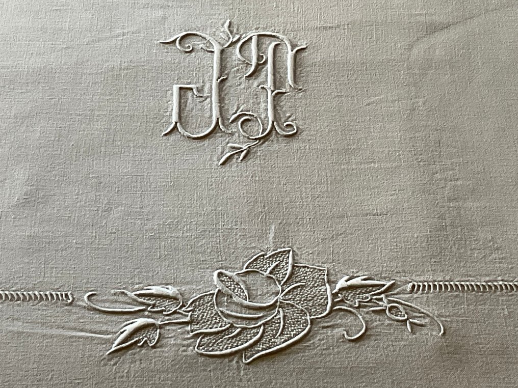 20世纪早期的亚麻床上用品，带有J.P.字母或J.T.的标识。 - 床單  - 3.2 m - 2.2 m #1.0