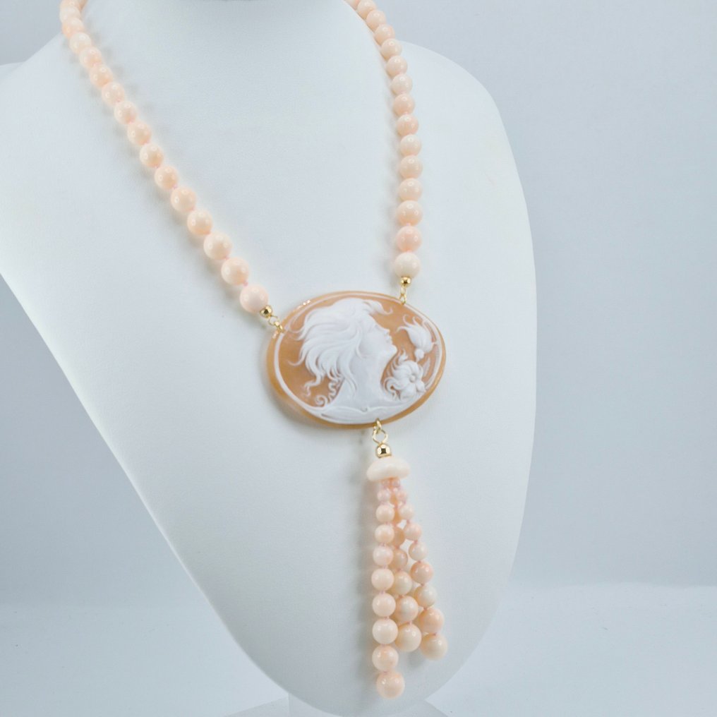 Corallo - Argento, Placcato oro - Collana - CORALLO ROSA E CAMMEO #1.0