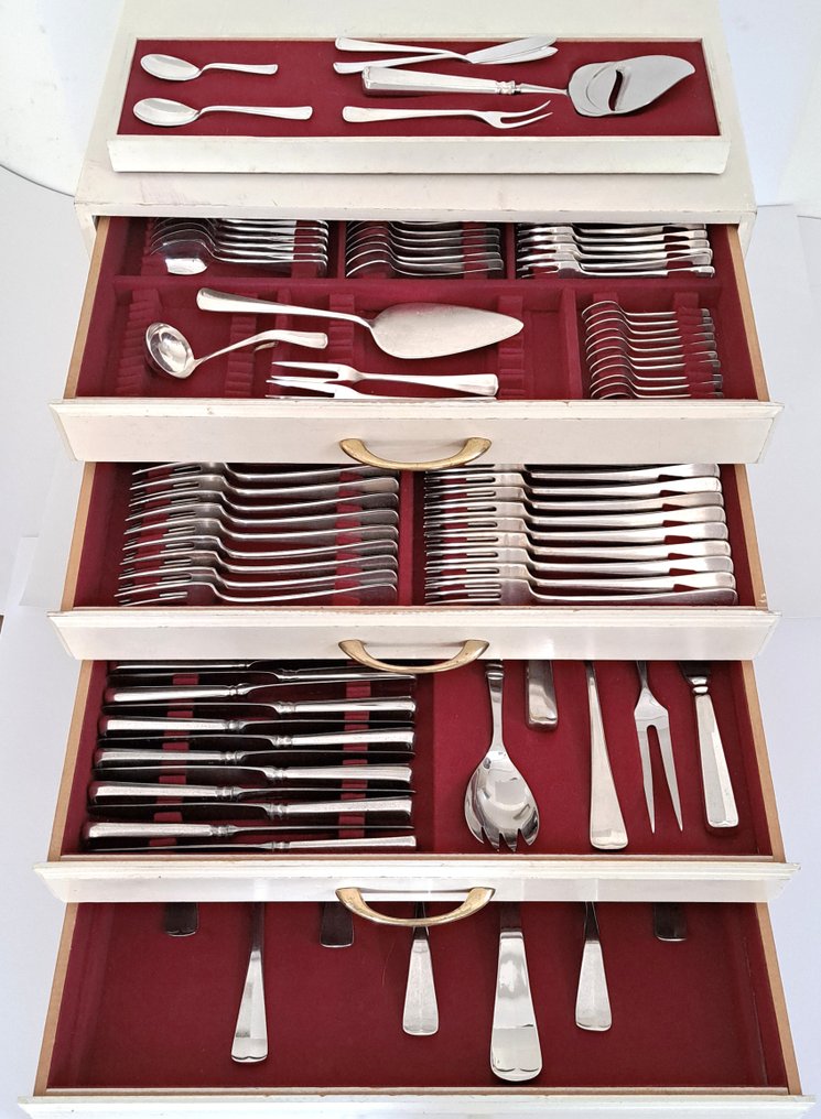 Sola - Servizio di posate per 12 (139) - In originale cassetta di legno, modello Haags Lofje - Placcato argento #1.0