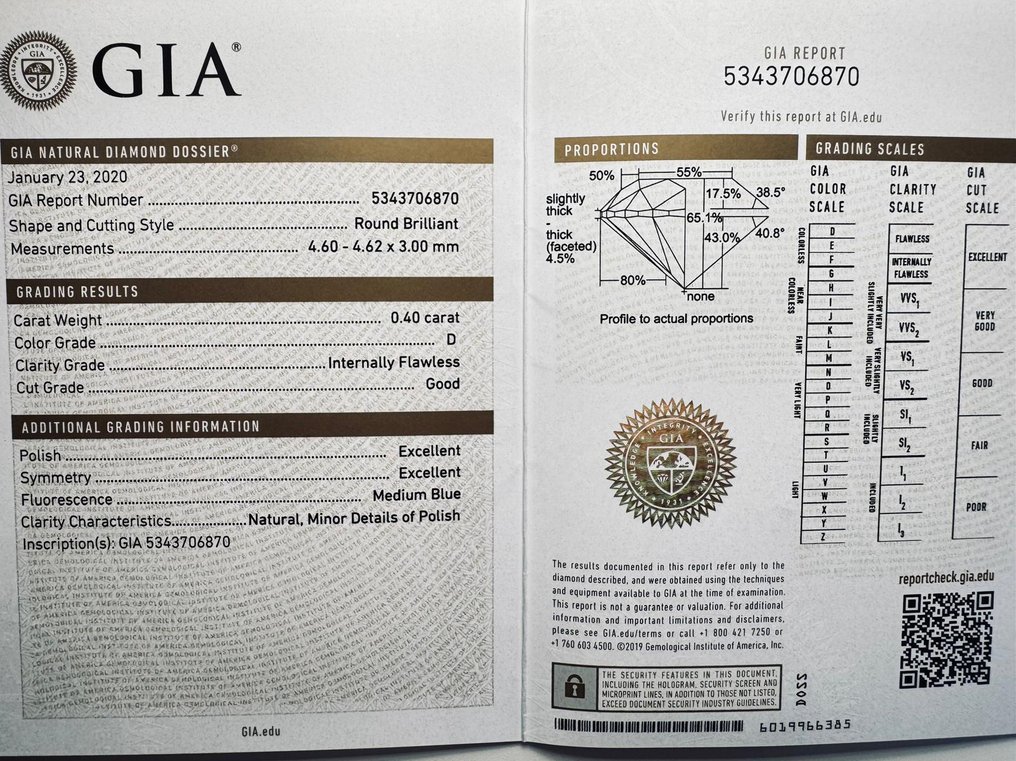 1 pcs Diamond  (Natural)  - 0.40 ct - Round - D (colourless) - IF - Gemological Institute of America (GIA) #2.1