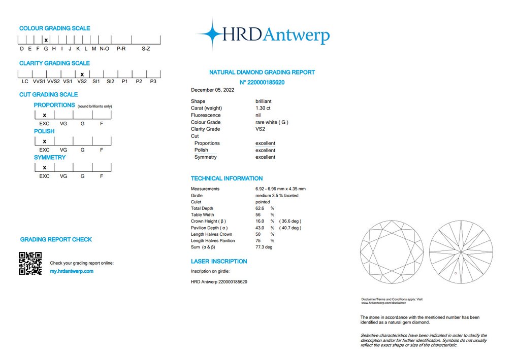 1 pcs Diamond (Natural) - 1.30 ct - Round - G - VS2 - HRD Antwerp - *3EX None* #2.1