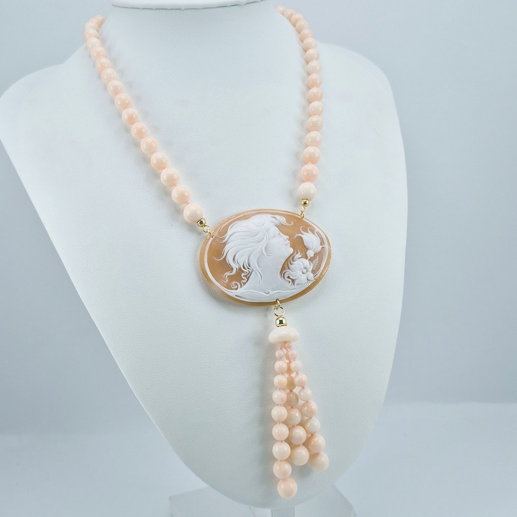 Corallo - Argento, Placcato oro - Collana - CORALLO ROSA E CAMMEO #3.2