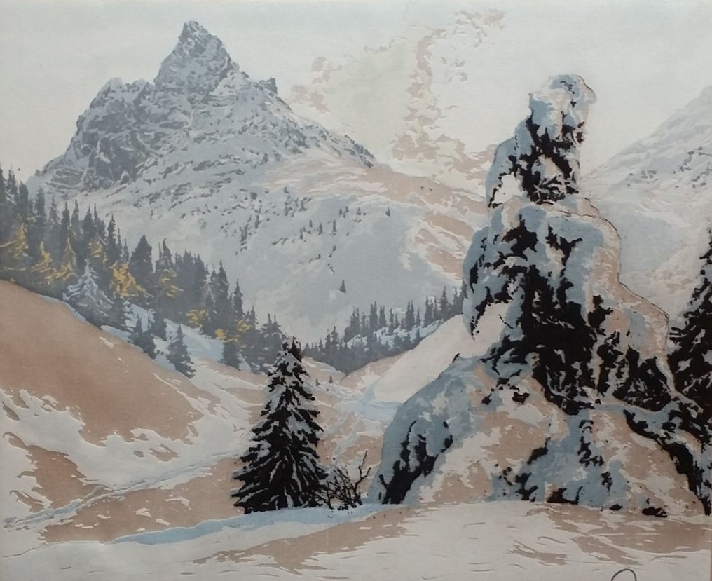 Hans Figura (1898-1978) - Winter in the Alps - signed etching on silk #1.0