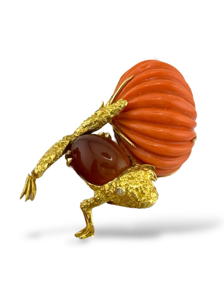 胸针 - 18K包金 黄金, Hammerman Brothers 18K 黄金沙金青蛙胸针配大珊瑚 #4.3
