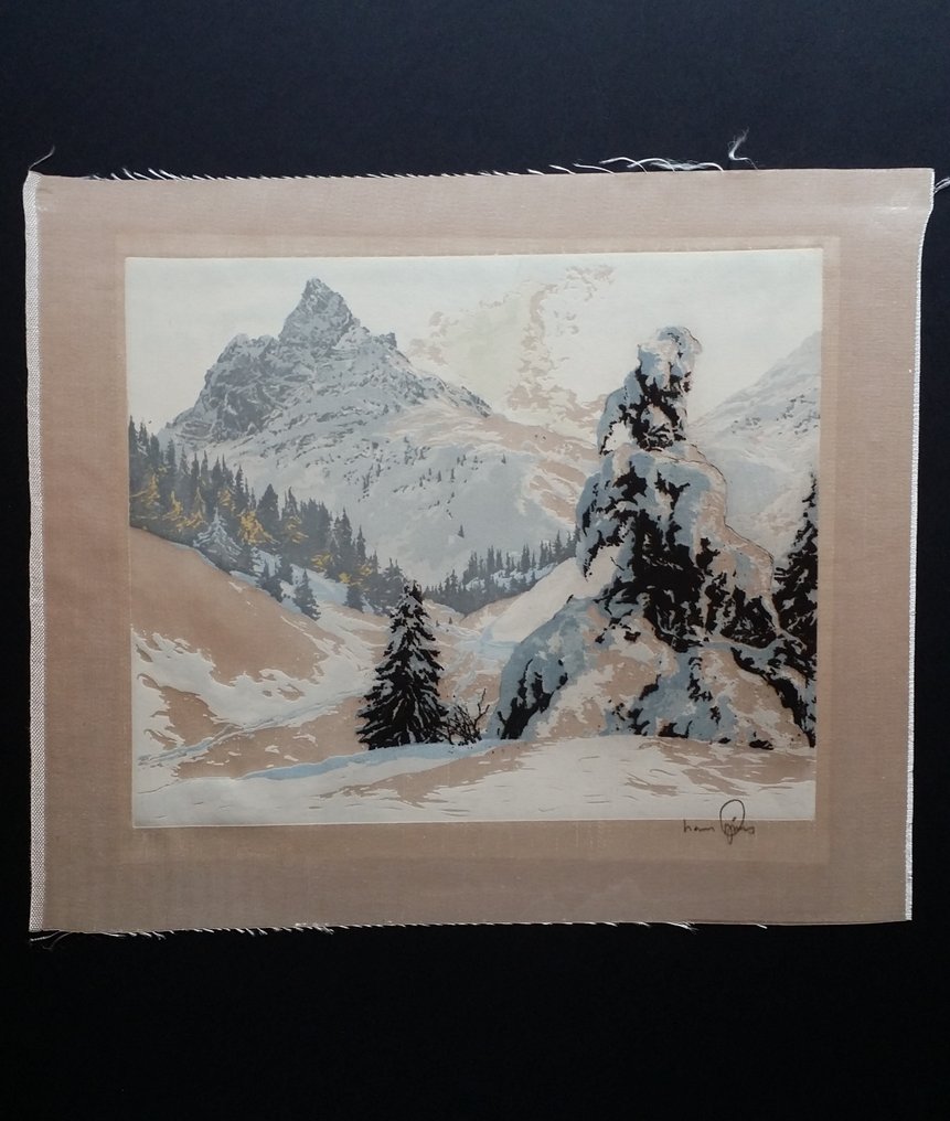 Hans Figura (1898-1978) - Winter in the Alps - signed etching on silk #1.0